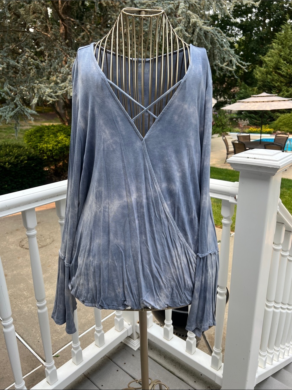 American Eagle Outfitters Washed Blue Crisscross V-Neck Long Sleeve Top